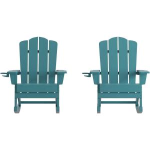 Flash Furniture Newport Adirondack Rocking Chairs with Cup Holder, Weather Resistant Poly Resin Adirondack Rocking Chairs, Set of 2, Red(Blue)