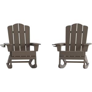 Flash Furniture Newport Adirondack Rocking Chairs with Cup Holder, Weather Resistant Poly Resin Adirondack Rocking Chairs, Set of 2, Red(Brown)