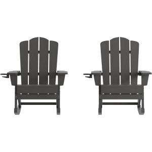 Flash Furniture Newport Adirondack Rocking Chairs with Cup Holder, Weather Resistant Poly Resin Adirondack Rocking Chairs, Set of 2, Red(Grey)