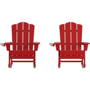 Flash Furniture Newport Adirondack Rocking Chairs with Cup Holder, Weather Resistant Poly Resin Adirondack Rocking Chairs, Set of 2, Red(Red)