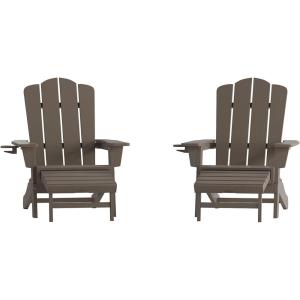 Flash Furniture Newport Poly Resin Adirondack Chair with Cup Holder and Pull Out Ottoman, All-Weather Poly Resin Indoor/Outdoor Lounge Chair, Gray(Brown)