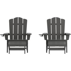 Flash Furniture Newport Poly Resin Adirondack Chair with Cup Holder and Pull Out Ottoman, All-Weather Poly Resin Indoor/Outdoor Lounge Chair, Gray(Grey)