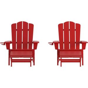Flash Furniture Newport Poly Resin Adirondack Chair with Cup Holder and Pull Out Ottoman, All-Weather Poly Resin Indoor/Outdoor Lounge Chair, Gray(Red)