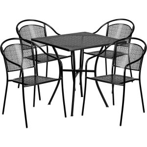 Flash Furniture Oia 5-Piece Commercial Grade Steel Patio Table and Chairs Set, Outdoor Dining Set with Square Table and 4 Round Back Chairs, Black(Black)