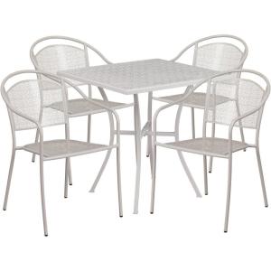 Flash Furniture Oia 5-Piece Commercial Grade Steel Patio Table and Chairs Set, Outdoor Dining Set with Square Table and 4 Round Back Chairs, Black(Light Gray)