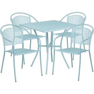 Flash Furniture Oia 5-Piece Commercial Grade Steel Patio Table and Chairs Set, Outdoor Dining Set with Square Table and 4 Round Back Chairs, Black(Sky Blue)