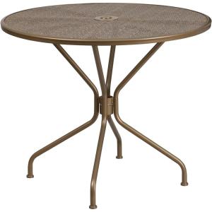 Flash Furniture Oia Commercial Grade 35.25″ Round Black Indoor-Outdoor Steel Patio Table with Umbrella Hole(Gold)