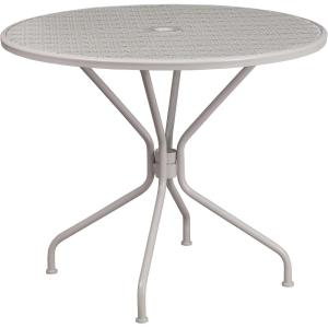 Flash Furniture Oia Commercial Grade 35.25″ Round Black Indoor-Outdoor Steel Patio Table with Umbrella Hole(Light Gray)