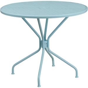 Flash Furniture Oia Commercial Grade 35.25″ Round Black Indoor-Outdoor Steel Patio Table with Umbrella Hole(Sky Blue)