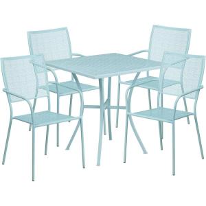 Flash Furniture Oia Commercial Grade 35.5″ Square Black Indoor-Outdoor Steel Patio Table Set with 4 Square Back Chairs(Sky Blue)
