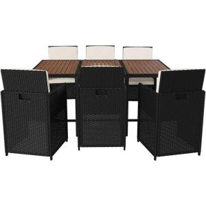 Flash Furniture Peregrine 7 Piece Outdoor Patio Dining Set – Space Saving Black Wicker Modular Chairs & Cream Cushions-Natural Finish Acacia Wood Table-Seating for 6(Natural/Black)