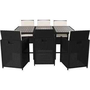 Flash Furniture Peregrine 7 Piece Outdoor Patio Dining Set – Space Saving Black Wicker Modular Chairs & Cream Cushions-Natural Finish Acacia Wood Table-Seating for 6(Gray/Black)