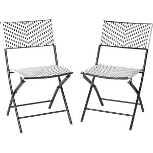 Flash Furniture Rouen Commercial Grade Folding Bistro Chairs, Indoor/Outdoor PE Rattan Back and Seat, Black Steel Frames, Set of 2, Black/White(Black/White)