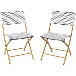 Flash Furniture Rouen Commercial Grade Folding Bistro Chairs, Indoor/Outdoor PE Rattan Back and Seat, Black Steel Frames, Set of 2, Black/White(Navy/White)