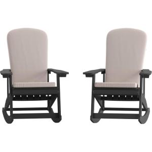 Flash Furniture Savannah Set of 2 Rocking Adirondack Chairs with Cushions – Black Poly Resin Frame – Cream All-Weather Cushions – Indoor/Outdoor Use(Black/Cream)
