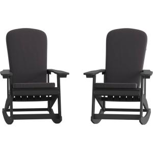 Flash Furniture Savannah Set of 2 Rocking Adirondack Chairs with Cushions – Black Poly Resin Frame – Cream All-Weather Cushions – Indoor/Outdoor Use(Black/Gray)
