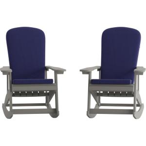 Flash Furniture Savannah Set of 2 Rocking Adirondack Chairs with Cushions – Black Poly Resin Frame – Cream All-Weather Cushions – Indoor/Outdoor Use(Gray/Blue)