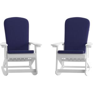 Flash Furniture Savannah Set of 2 Rocking Adirondack Chairs with Cushions – Black Poly Resin Frame – Cream All-Weather Cushions – Indoor/Outdoor Use(White/Blue)