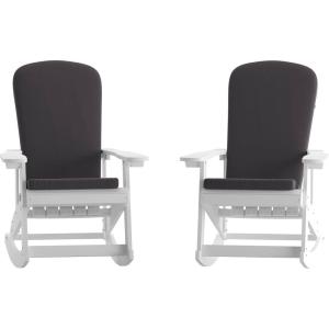 Flash Furniture Savannah Set of 2 Rocking Adirondack Chairs with Cushions – Black Poly Resin Frame – Cream All-Weather Cushions – Indoor/Outdoor Use(White/Gray)
