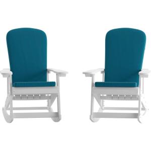 Flash Furniture Savannah Set of 2 Rocking Adirondack Chairs with Cushions – Black Poly Resin Frame – Cream All-Weather Cushions – Indoor/Outdoor Use(White/Teal)