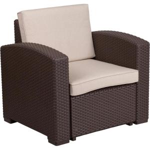 Flash Furniture Seneca Chocolate Brown Faux Rattan Chair with All-Weather Beige Cushion(Chocolate Brown)
