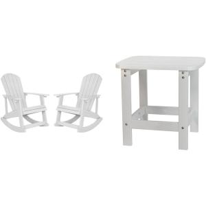 Flash Furniture Set of 2 Adirondack Rocking Chairs and Adirondack Side Table – Poly Resin Wood Look – White – All Weather – Indoor/Outdoor