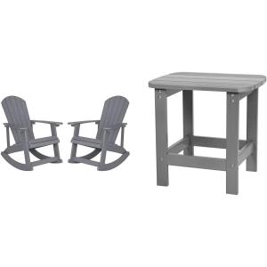 Flash Furniture Set of 2 Adirondack Rocking Chairs with Polyresin Side Table, Gray