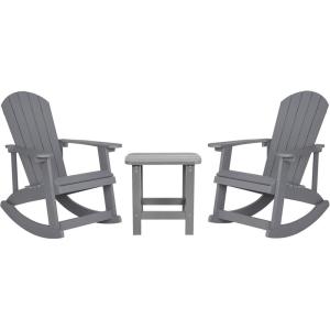Flash Furniture Set of 2 Savannah Adirondack Rocking Chairs – Commercial Grade All-Weather Sea Foam Poly Resin Wood – Matching Side Table(Grey)