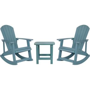 Flash Furniture Set of 2 Savannah Adirondack Rocking Chairs – Commercial Grade All-Weather Sea Foam Poly Resin Wood – Matching Side Table(Sea Foam)