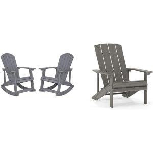 Flash Furniture Set of 2 Savannah Adirondack Rocking Chairs and Charlestown Adirondack Chair, 350-lb Capacity, Polyresin Wood Style, Gray