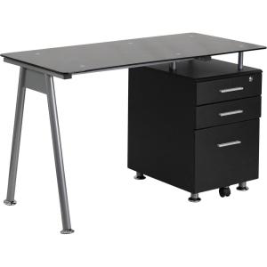 Flash Furniture Singleton Black Glass Computer Desk with Three Drawer Pedestal