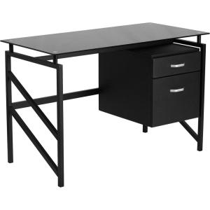 Flash Furniture Singleton Glass Desk with Two Drawer Pedestal,Black