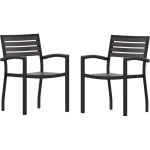 Flash Furniture Stackable Aluminum Patio Chair – All-Weather Black Framed Side Chair with Faux Teak Slats – Commercial Grade – Set of 4(Grey)