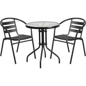 Flash Furniture TLH-071RD-017CBZ2-GG Lila 23.75” Round Glass Table with 2 Metal Aluminum Slat Stack Chairs, Bronze(Black)