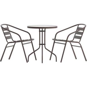 Flash Furniture TLH-071RD-017CBZ2-GG Lila 23.75” Round Glass Table with 2 Metal Aluminum Slat Stack Chairs, Bronze(Bronze)