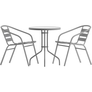 Flash Furniture TLH-071RD-017CBZ2-GG Lila 23.75” Round Glass Table with 2 Metal Aluminum Slat Stack Chairs, Bronze(Silver)