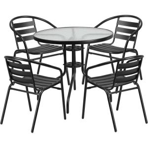Flash Furniture TLH-072RD-017CBZ4-GG Lila 31.5” Round Glass Table with 4 Metal Aluminum Slat Stack Chairs, Bronze(Black)