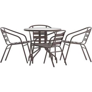 Flash Furniture TLH-072RD-017CBZ4-GG Lila 31.5” Round Glass Table with 4 Metal Aluminum Slat Stack Chairs, Bronze(Bronze)