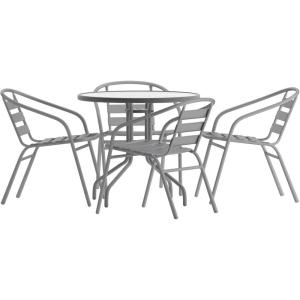 Flash Furniture TLH-072RD-017CBZ4-GG Lila 31.5” Round Glass Table with 4 Metal Aluminum Slat Stack Chairs, Bronze(Silver)
