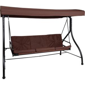 Flash Furniture Tellis 3-Seat Outdoor Steel Converting Patio Swing Canopy Hammock with Cushions / Outdoor Swing Bed (Gray)(Brown)