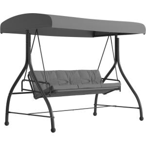 Flash Furniture Tellis 3-Seat Outdoor Steel Converting Patio Swing Canopy Hammock with Cushions / Outdoor Swing Bed (Gray)(Gray)