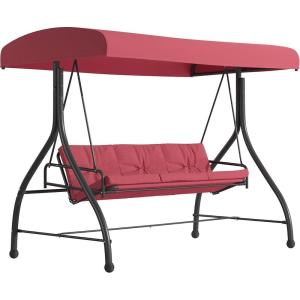 Flash Furniture Tellis 3-Seat Outdoor Steel Converting Patio Swing Canopy Hammock with Cushions / Outdoor Swing Bed (Gray)(Maroon)
