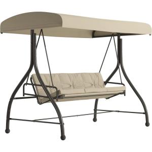 Flash Furniture Tellis 3-Seat Outdoor Steel Converting Patio Swing Canopy Hammock with Cushions / Outdoor Swing Bed (Gray)(Tan)