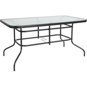 Flash Furniture Tory 31.5″ x 55″ Rectangular Tempered Glass Metal Patio Table with Umbrella Hole, Modern Rippled Glass Outdoor Dining Table, Black(Clear Top/Black Frame)