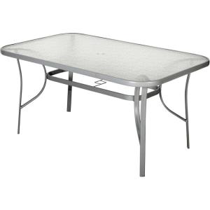 Flash Furniture Tory Rectangle Patio Table with Umbrella Hole, Commercial All-Weather Table with Heat Resistant Tempered Glass, Steel Tube Frame, 35x 59, Black(Clear Top/Silver Frame)