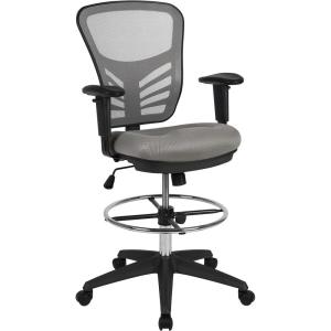 Flash Furniture Tyler Mid-Back Black Mesh Ergonomic Drafting Chair with Adjustable Chrome Foot Ring, Adjustable Arms and Black Frame(Light Gray Mesh/Black Frame)