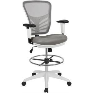 Flash Furniture Tyler Mid-Back Black Mesh Ergonomic Drafting Chair with Adjustable Chrome Foot Ring, Adjustable Arms and Black Frame(Light Gray Mesh/White Frame)