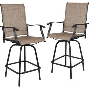 Flash Furniture Valerie All-Weather Swivel Patio Barstools with Footrest and Armrests, Modern Sling Outdoor Bar Height Stools, Set of 2, Navy(Brown)