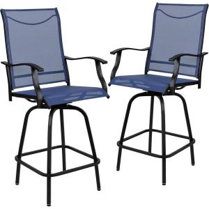 Flash Furniture Valerie All-Weather Swivel Patio Barstools with Footrest and Armrests, Modern Sling Outdoor Bar Height Stools, Set of 2, Navy(Navy)