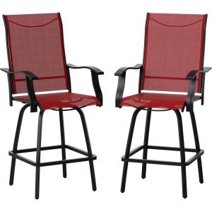 Flash Furniture Valerie All-Weather Swivel Patio Barstools with Footrest and Armrests, Modern Sling Outdoor Bar Height Stools, Set of 2, Navy(Red)